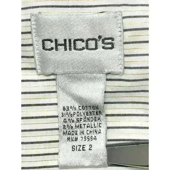 Chicos 2 top shirt button front long sleeve v neck white black gold stripe - Picture 5 of 6